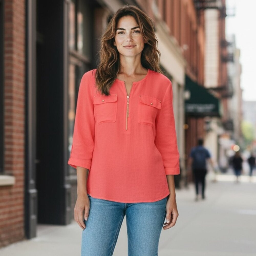 Ellen Tracy Linen Half-Zip Roll-tab Sleeve Tunic Top M Pink-Red 197C‎